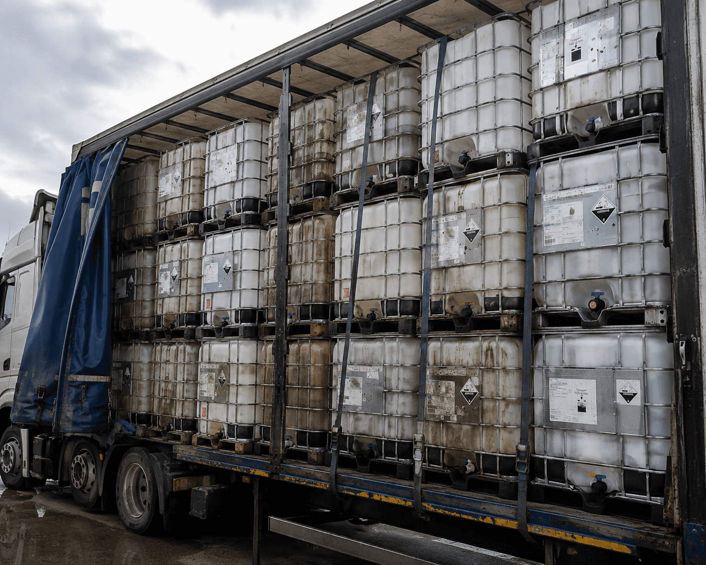 Reconditioned 275-gallon IBC totes on the outbound staging row